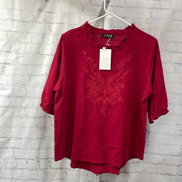 E’Retro red embroidered ruffle neck & sleeves size large NWT - Picture 1 of 7